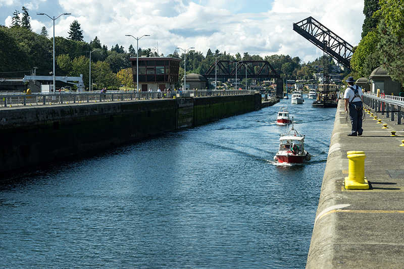 Boats go through the Ballard Locks, traveling along a narrow water channel bordered by walkways, with a raised drawbridge and trees in the background.