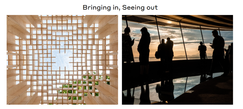 Two images representing the theme “Bringing in, Seeing out.” The left image shows an open wooden lattice structure framing the sky, and the right image shows silhouettes of people standing at a large window overlooking a sunset view.