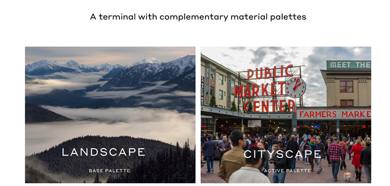 Two side‑by‑side images labeled “Landscape Base Palette” showing a foggy mountain scene, and “Cityscape Active Palette” showing a busy public market entrance, under the heading “A terminal with complementary material palettes.