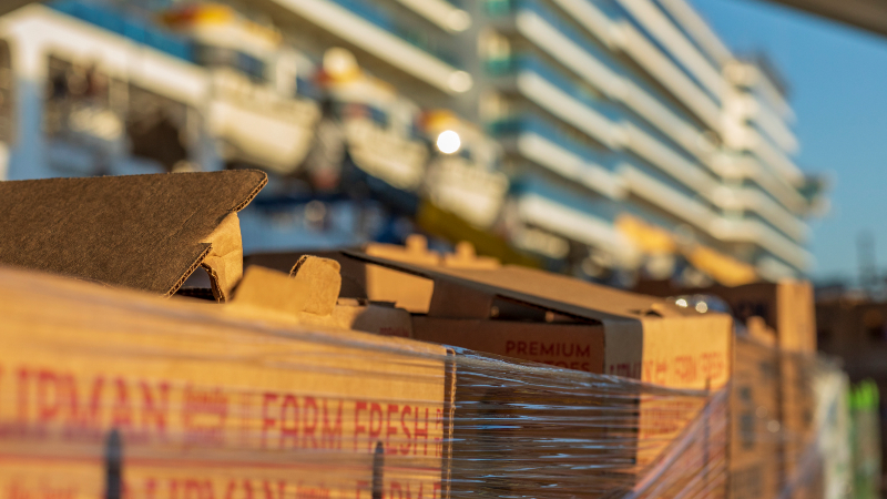 Crates of fresh vegetables, part of cruise provisioning for Carnival cruise ships at Smith Cove Cruise Terminal