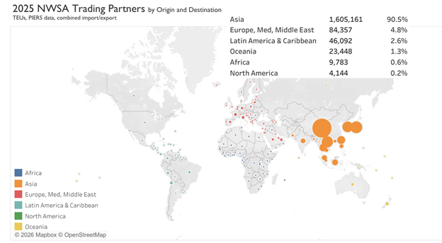 Map infographic showing regional distribution of NWSA’s 2025 trading partners.