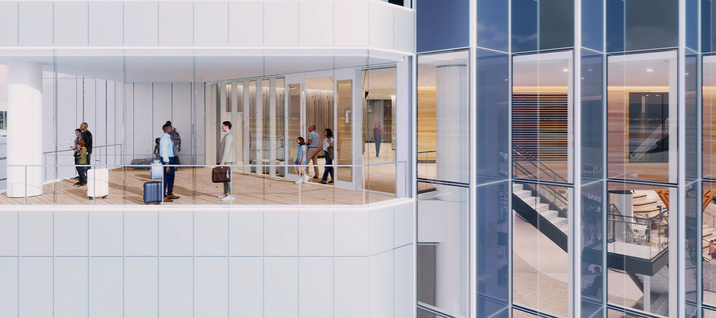 Rendering of Level 3 of the C Concourse Expansion showing a glass‑walled lobby with travelers walking near seating and an adjacent view into lower levels.