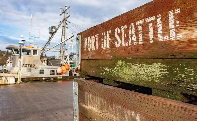 Port of Seattle crates on marina dock.