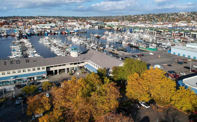 Aerial shot of Fishermen's Terminal Fishermen's Center Building and marina.