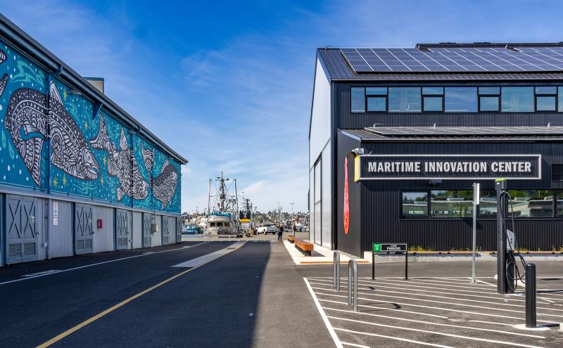 Maritime Innovation Center and fish mural on adjacent building.