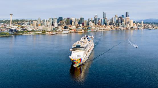 The Norwegian Cruise Line Encore leaves Bell Harbor Cruise Terminal in September 2023 for a cruise to Alaska
