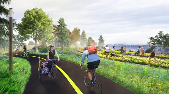 Rendering of a bike and walking path through a Elliott Bay Connections parks.