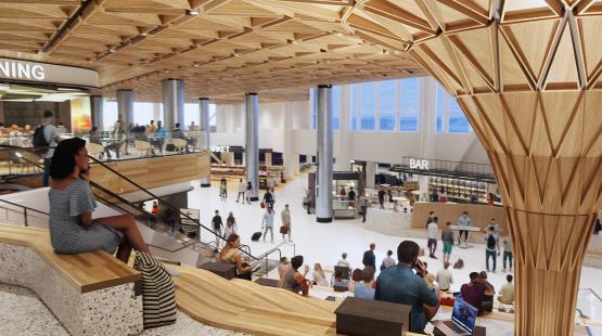 Rendering of the Grand Stair looking down at the Concourse Level and Tree at C