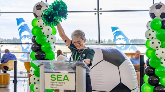 Pep rally event to celebrate the opening of FIFA in Seattle. Blue Thunder, soccer stunts, and cheerleader led the way. June 3, 2026