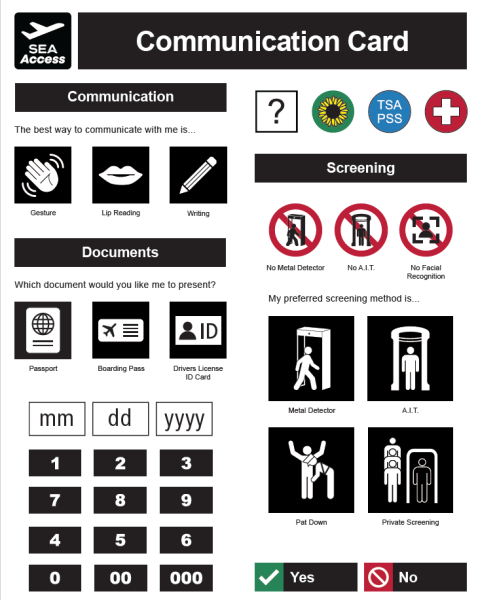 Image of the communications card developed for use by TSA