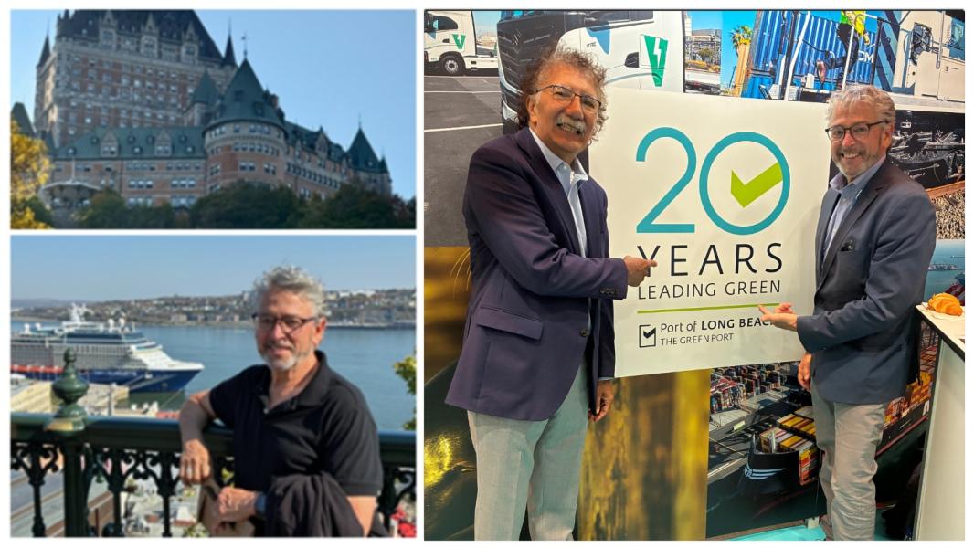 Three photos: The Fairmont hotel in Québec City; With Mario Cordero, the former CEO of the Port of Long Beach; On the banks of the Saint Lawrence River