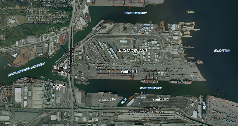 Aerial view of Harbord Island noting Terminal 18 along the East Waterway.