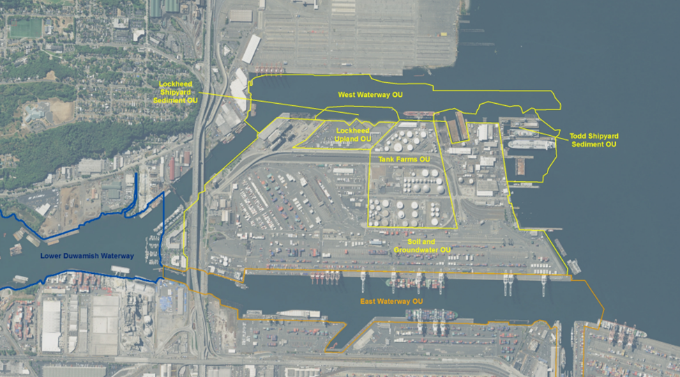 Aerial view of Terminal 10 Lockheed Upload site with yellow outlines of completed cleanup area.