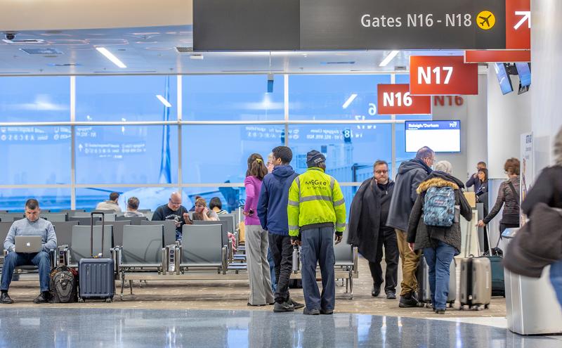 Passengers at the North Satellite Terminal at Sea-Tac Airport. Seattle, WA, Jan. 23, 2019