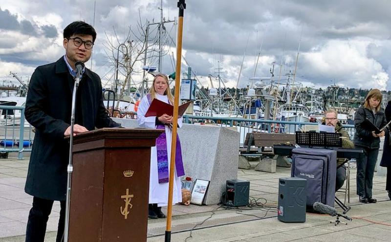 Port of Seattle Commissioner Sam Cho delivers remarks at the Annual 2020 Blessing of the Fleet at Fishermen's Terminal, March, 2020