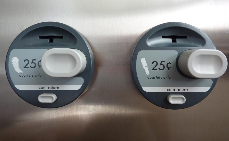 Feminine Hygiene dispenser with products costing 25 cents each