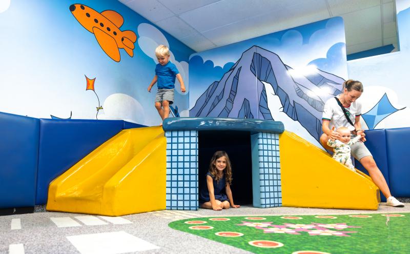 One child stands on top of slide, one sits underneath, and a parent helps and infant slide down the other side.
