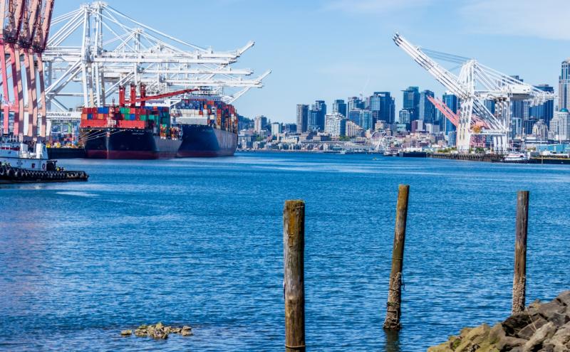 View of the Seattle Waterfront and container ships from the East Waterway