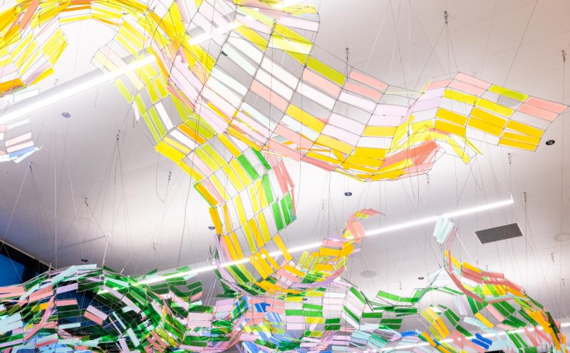 Suspended art piece “Rain Shadow” by Soo Sunny Park, hanging above the newly opened recompose area at the end of Checkpoint 6