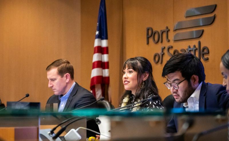 Commissioner Hasegawa at a Port of Seattle Commission meeting