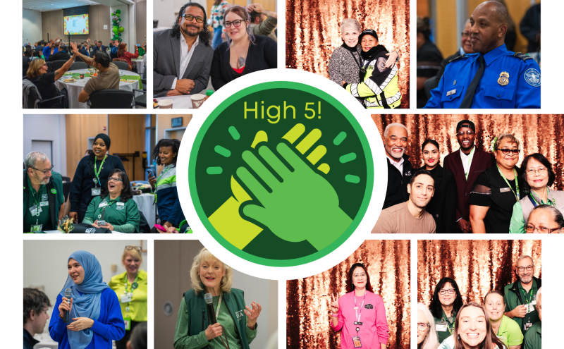 High 5! Logo surrounded by an array of photos of happy employees.