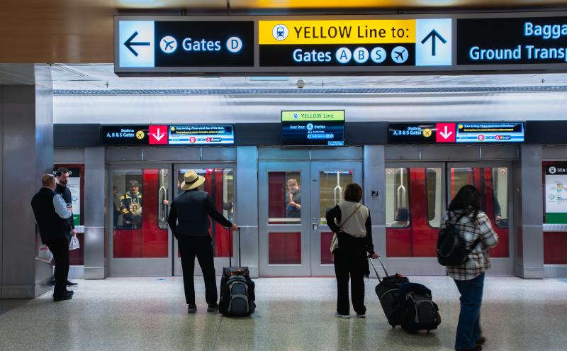 SEA Underground Train yellow line takes passengers to A, B, and S Gates