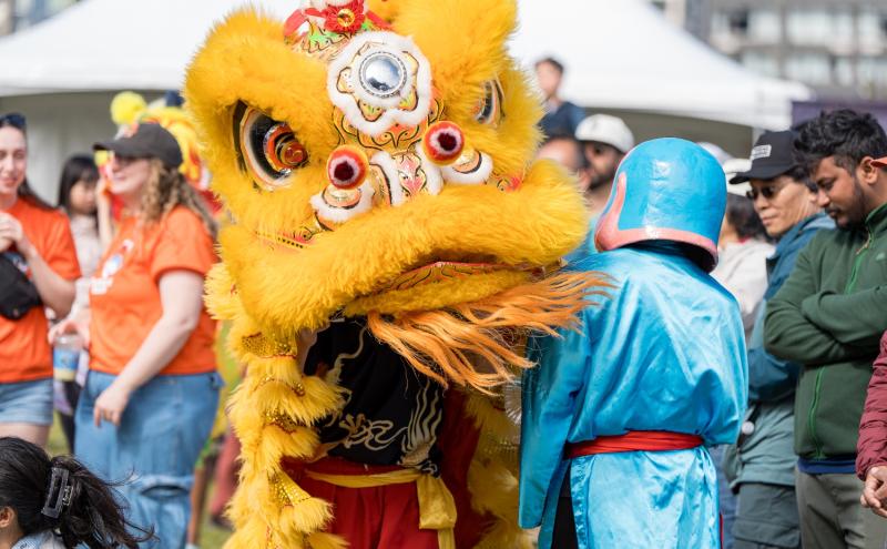 Community festival with Asian dragon costumes