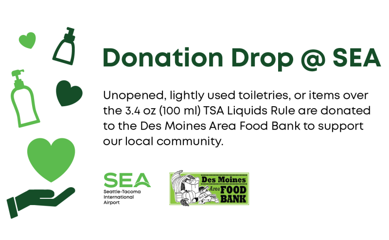 Donation Drop @ SEA graphic with guidelines, icons of toiletry bottles, and Des Moines Food Bank logo