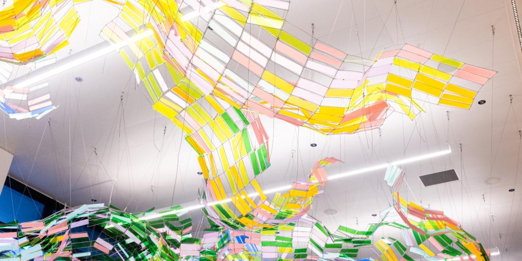 Suspended art piece “Rain Shadow” by Soo Sunny Park, hanging above the newly opened recompose area at the end of Checkpoint 6