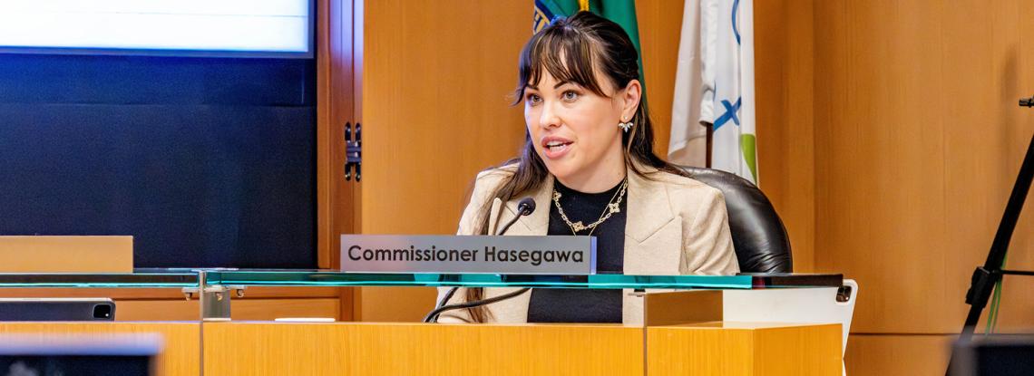 Commissioner Toshiko Hasegawa addresses the public at the Port of Seattle Commission meeting on February 10, 2026 at Pier 69 in Seattle, Washington.